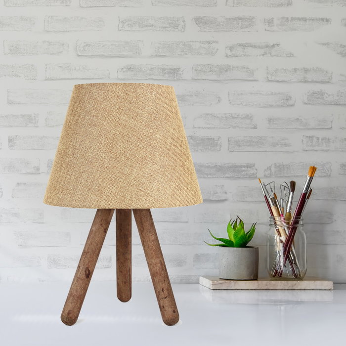 Opviq Lámpara de Mesa AYD-637, Pantalla PVC, Patas Madera Haya, Beige y Marrón, 22x33 cm